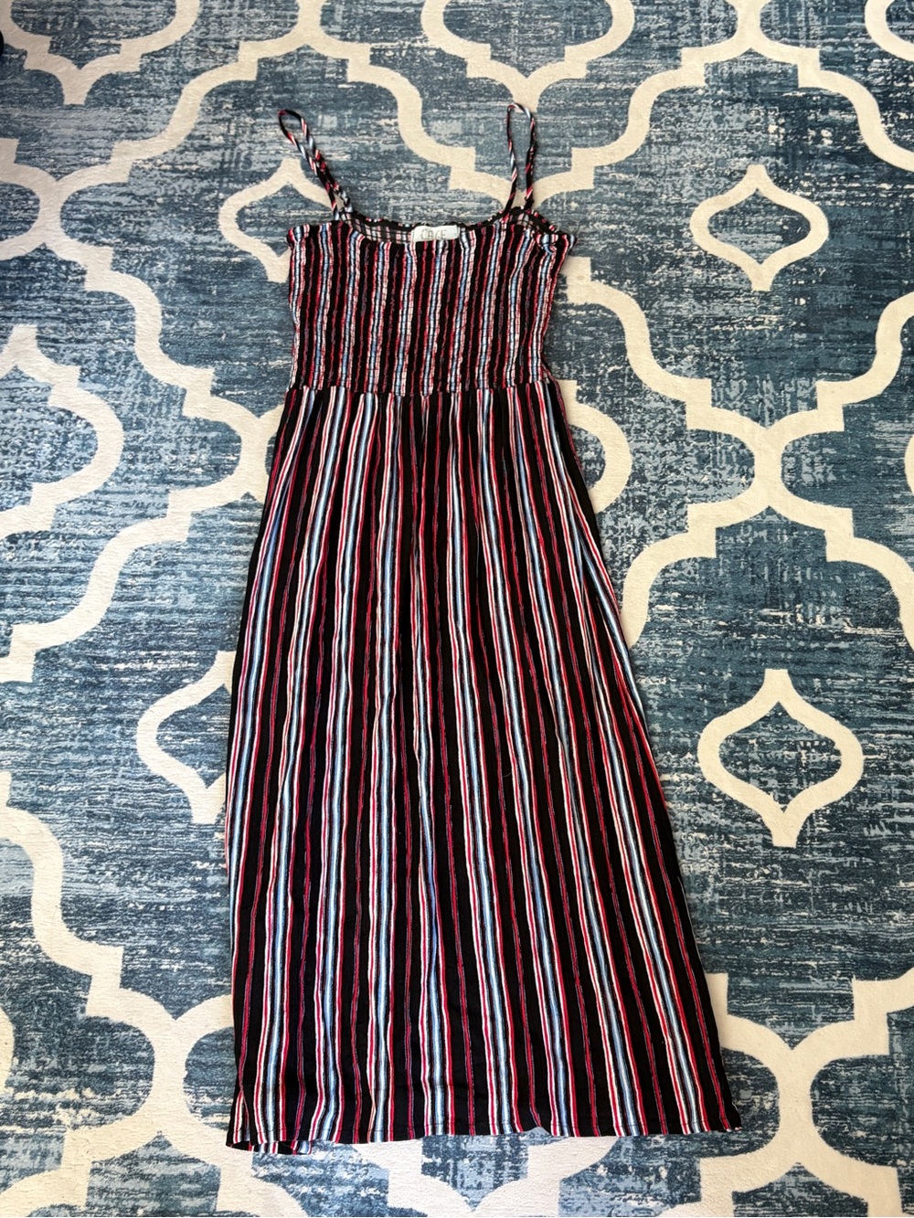 Striped Maxi Dress with Smocked Bodice - Black, Blue, Red & White